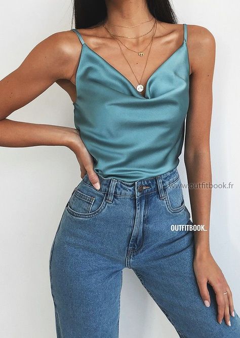 d72fbbccd9fe64c3a14f85d225a046f4desc52969480ri Satin Silk Top, Satin Blouse Outfit, Mode Dope, Satin Blouse, Satin Silk, Blouse Outfit, Mode Streetwear, Fancy Outfits, Fit Check