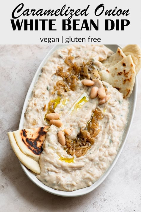 This caramelized onion white bean dip is easy to make and a real crowdpleaser! The beans make for a creamy dish that just so happens to be good for you, plus the recipe is vegan and gluten free! Cheese Sauces, White Bean Dip, Vegan Dips, Vegan Dip, Bean Dip, Caramelized Onion, Buffalo Chicken Dip, Vegan Appetizers, White Bean