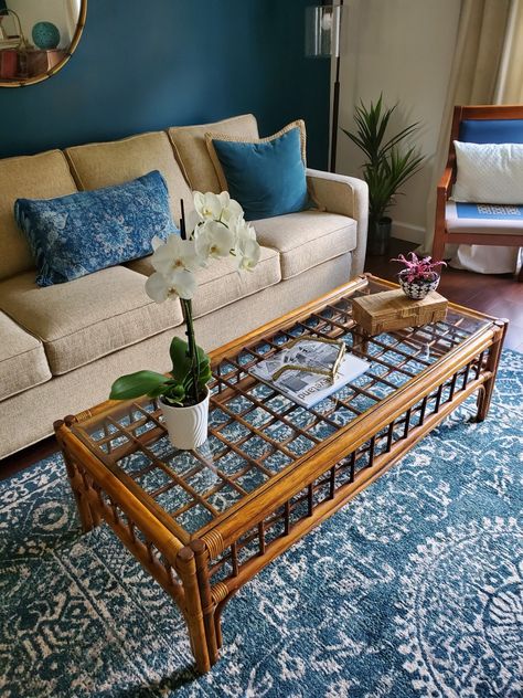 Vintage Rattan Coffee Table, Rattan And Glass Coffee Table, Rattan Glass Coffee Table, Thrifted Coffee Table, Boho Coffee Tables, Vintage Coffee Table Decor, Thrifting Decor, Glass Coffee Table Decor, Coffee Table Boho