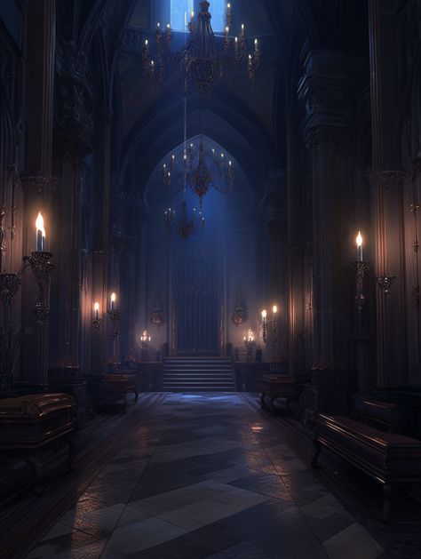 Dark Castle Interior Fantasy Art, Gothic Castle Hallway, Gothic Castle Interior Medieval, Magic Boarding School, Classy Vampire Aesthetic, Creepy Castle Interior, Dark Fantasy Castle Interior, Goth Ballroom, Abandoned Castles Interior