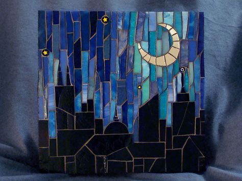 Stained Glass Mosaic City Skyline Mosaic Tile Art, Mosaic Stained, Glass Mosaic Art, Mosaic Artwork, City Night, Stained Glass Crafts, Art Stained, Mosaic Wall Art, Stained Glass Designs