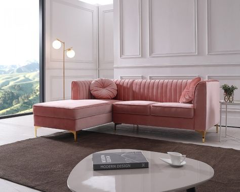 Divani Casa Rachel Modern Pink Velvet Sectional Sofa Pink Sofa Living Room, Velvet Sectional Sofa, Grey Furniture Living Room, Modern Velvet Sofa, Velvet Sofa Bed, Affordable Sofa, Pink Couch, Living Room Entertainment Center, Apartment Plants