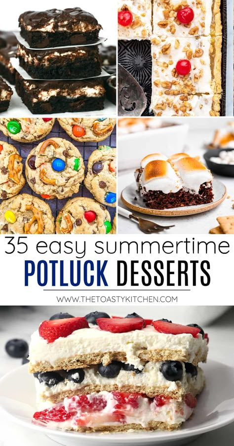 35 summertime potluck desserts, a recipe roundup by The Toasty Kitchen. Looking for a new dessert to take to your next summer potluck? Today I'm sharing 35 easy and delicious summertime potluck desserts that feed a crowd and are easy to transport! #summerdesserts #summer #picnics #desserts #potlucks Easy Dessert For Potluck, Desserts For A Bbq Summer, Dessert Potluck, Easy Dessert For Large Group, Lake Potluck Ideas, Desserts To Take To A Picnic, Desserts For A Crowd Summer, Good Potluck Desserts, Easy Summer Potluck Desserts