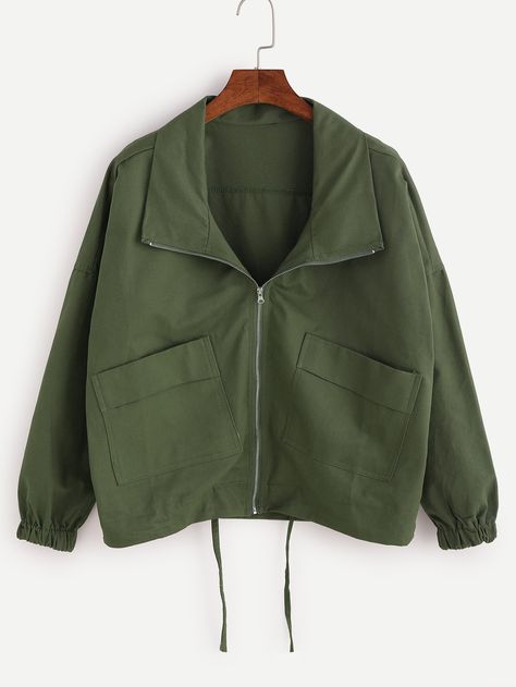 Shein army green jacket with zipper, dropped shoulder, and boxy shape » Fall fashion essentials Drawstring Coat, Short Sleeve Coat, Olive Green Coat, Army Green Coat, Billy Madison, Drop Shoulder Coat, Autumn Jacket Women, Olive Green Jacket, Army Green Jacket