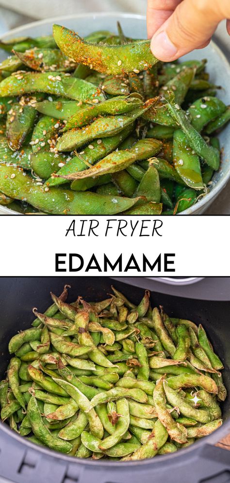 Air Fryer Edamame is a healthy snack high in protein, gluten-free, oil-free, low in calories, and simply delicious. All you need is an air fryer, some frozen or fresh edamame, and 10 minutes! Serve as a vegan snack, delicious side dish, or quick appetizer. Frozen Edamame Recipes, Air Fryer Edamame, Edamame Benefits, Frozen Edamame, Edamame Recipes, Healthy Savory Snacks, Snacks Vegan, Quick Appetizer, Vegan Party Food