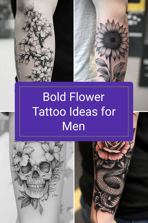 Check out these bold and unique flower tattoo designs created specifically for men. Floral tattoos combine the rugged appeal of masculinity with the natural beauty of flowers, offering meaningful ink choices for any guy. Whether you want small, detailed pieces or large, striking designs, these flower tattoos are perfect for expressing individuality. With various colors and styles, you can select something that truly reflects your personality. Explore options like roses, skulls integrated with botanicals, and more for your next tattoo inspiration. Men Lily Tattoo, Filler Tattoo Ideas Gap Flowers, Bold Flower Tattoo, Masculine Flower Tattoo, Men Flower Tattoo, Forearm Flower Tattoo, Flower Tattoo Ideas, Floral Tattoos, Inner Forearm