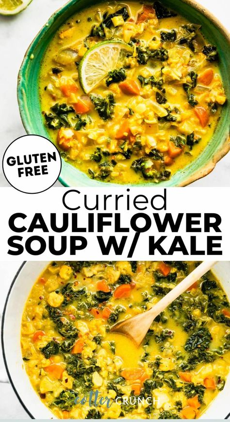 Infused with warm spices and plenty of nutrients, this Curried Cauliflower Soup Recipe is bright, light, creamy, and easy to make. Guaranteed to warm you up from the inside out, it’s a hearty, low-carb option you can feel good about. Pair it with gluten-free bread, salads, and all your favorite main courses! Vegan Low Carb Soup, Cauliflower Crockpot Recipes, Ketotarian Recipes, Cauliflower Potato Kale Soup, Roasted Cauliflower And Potato Curry Soup, Cauliflower Curry Soup Recipes, Coconut Curry Cauliflower Soup, Cauliflower Soup Vegan Dairy Free, Cycle Diet