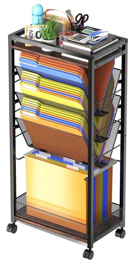 PRICES MAY VARY. 【Maximum Organization】8 Tier rolling file cart organizer with multiple storage options. the top basket for pen pot, cups and widget etc. 6 shelfing organizers assorted file, papers, binders file, mail, book etc, dual openings design for easy access. 【True Spacesaver】Compact size and rollers make file cart with wheels easy to move and store in narrow spaces, great for office or home office file storage, also as a rolling book cart in corners, kids' rooms or classrooms, all in one Cart Organization, Organization Teacher, File Folder Storage, Teacher Cart, Cubicle Organization, Letter Storage, Desk File Organizer, Craft Storage Cart, Organization Cart