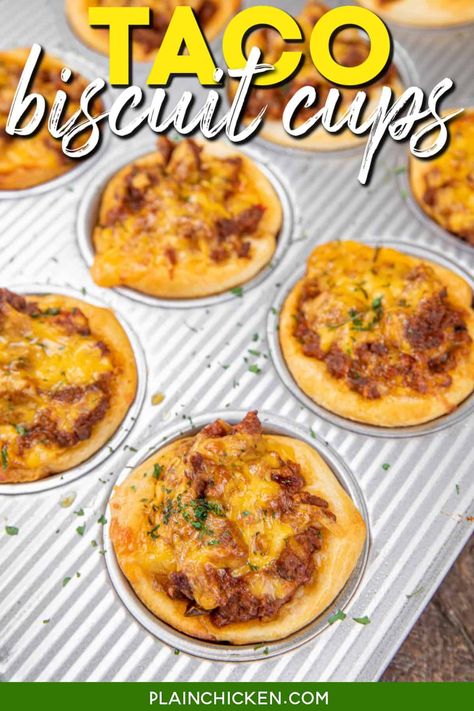 Biscuit Cups Recipes, Sloppy Joes Biscuits, Biscuit Recipes Dinner, Biscuit Cups, Ground Beef Taco, Taco Cups, Flaky Biscuits, Canned Biscuits, Muffin Tin Recipes