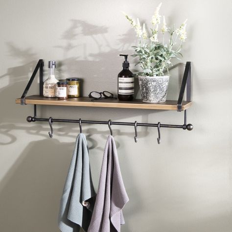 Towel Rack Bathroom Hanging Ideas, Bathroom Towel Hanging Ideas, Towel Hanging Ideas, Bathroom Tiny, Bathroom Shelf With Hooks, Modern Shelving Units, Decor Makeover, Bathroom Towel Decor, Bathroom Master