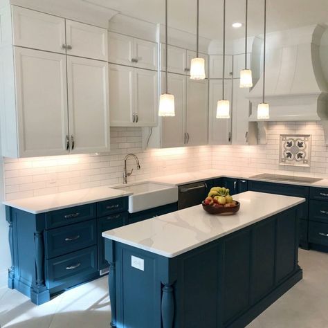 Blue And White Kitchen Cabinets, Blue Kitchen Interior, Blue Gray Kitchen Cabinets, Apartment Girly, White Upper Cabinets, Blue And White Kitchen, Women Cave, Baddie Room, Grey Blue Kitchen