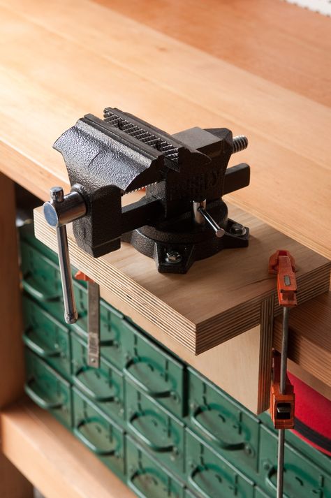 How to Install and Mount a Vise without Drilling Holes in Your Workbench | Man Made DIY | Crafts for Men | Keywords: how-to, diy, manmade-original, workshop Craft Workbench, Workbench Organization, Building A Workbench, Workbench Designs, Bench Vise, Diy Workbench, Workbench Plans, Garage Work Bench, Woodworking Bench