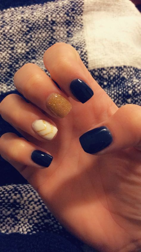 Navy And Gold Dip Nails, Navy Blue Dipped Nails, Blue And Gold Dip Nails, Navy Blue Dip Powder Nails, Navy And Gold Nails, Baltimore Ravens Nails, Trendy Nails Gel, Pedi Colors, Sns Powder