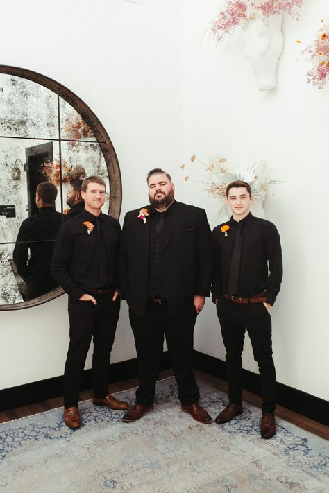 Groomsmen Vest Only Black, Black Wedding Mens Attire, Officiant Attire Men, Black Groomsmen Attire Casual, Khaki And Black Groomsmen Attire, Plus Size Wedding Suits Men, All Black Western Wedding, Fall Wedding Groomsmen Attire Black, Groomsman No Jacket