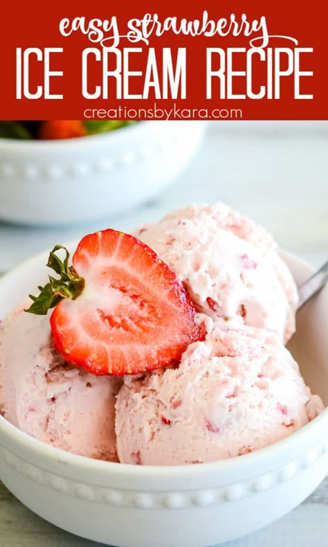 This old fashioned homemade strawberry ice cream is simply amazing. No need to cook it on the stove top, it is egg free! It's rich, creamy, and bursting with berries. #strawberryicecream #noeggicecream #strawberryicecreamrecipe #homemadestrawberryicecream -from Creations by Kara Easy Strawberry Ice Cream, No Churn Strawberry Ice Cream, Homemade Strawberry Ice Cream, Strawberry Ice Cream Recipe, Easy Ice Cream Recipe, Ice Cream Maker Recipes, Ice Cream Mixture, Easy Ice Cream, Country Cook