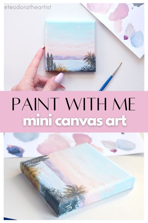 Mini Canvas Painting Seascape Acrylic Painting Tutorial | Pink Sunset | Painting Video, mini canvas art aesthetic cute, small canvas art seascape, ocean painting, art video, paint with me step by step, easy acrylic tutorial, canvas painting ideas, diy, sunset painting, sunset sky with pink clouds painting, realistic painting, beautiful clouds painting, paint with me video, mini painting ideas, tiny painting ideas, palm trees art, sea view, sunset sky with moon art, art tutorial, paint with me Small Canvas Sunset Paintings, Mini Canvas Art Sunset, Paint Easy, Mini Canvas Sunset, Mini Canvas Art Beach, Tiny Canvas Painting Ideas, Tiny Canvas Beach Painting, Canvas Art Projects, Small Canvas Paintings