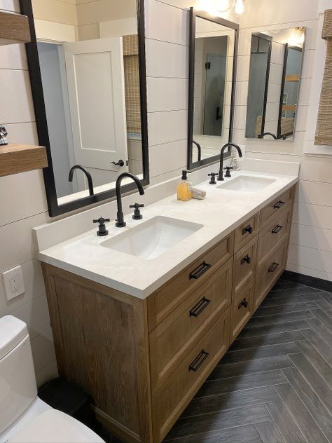 Black Fixtures Bathroom, Bathroom Vanity Custom, Oak Vanity Bathroom, Shiplap Bathroom Wall, Black Pulls, Black Fixtures, Oak Vanity, Shiplap Bathroom, Shiplap Walls