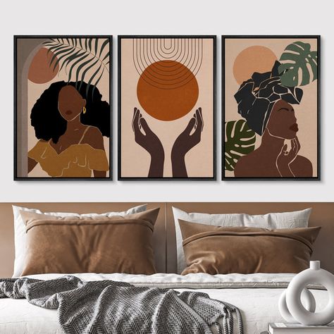 African American Stylish Black Woman Female Portrait Mid-Century Modern Boho Abstract Jungle Plant Framed On Canvas 3 Pieces Print Afro Boho Art, Mid Century Modern Afro Boho, Minimal African Art, Bold Modern African Art, Modern African Decor, Stylish Black Women, Afro Centric Throw Pillows, Modern Boho, Minimalist Decor