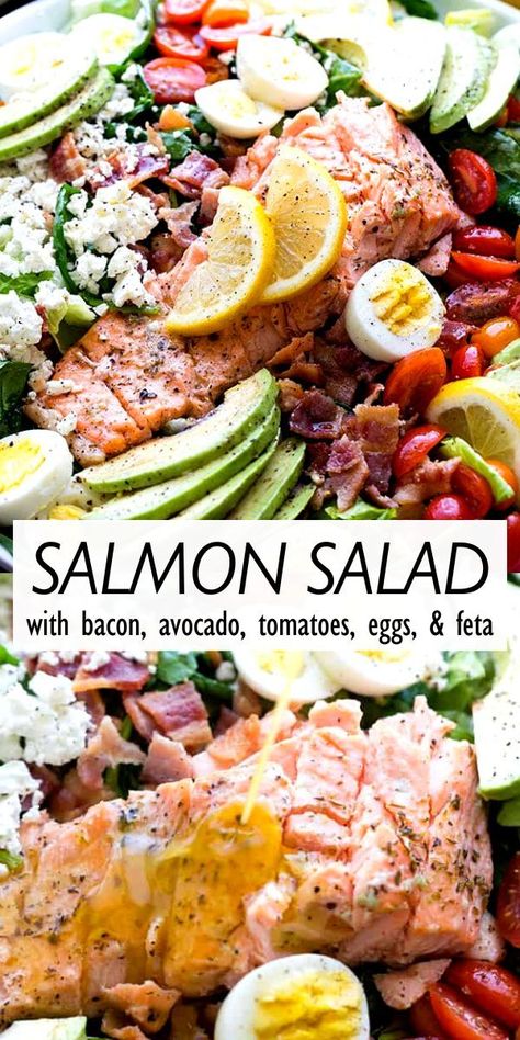 This easy Salmon Salad is made with salad greens topped with baked salmon, tomatoes, eggs, bacon, avocados and feta, all tossed together with a tangy lemon-mustard dressing. Salmon Cobb Salad, Bacon Salmon, Tomatoes Eggs, Salad With Spinach, Salmon Spinach, Salmon Eggs, Spinach Feta, Salad Greens, Easy Salmon Recipes