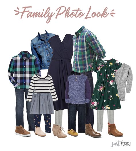 Trying to decide what to wear for family pictures? Here is the perfect coordinating look! It has lots of greens, navy, gray and plaid in it! Picture perfect for a family look! This link also had 7 other looks including some that are perfect for Christmas!!! Navy And Green Family Pictures, Navy Family Photo Outfits, Green Family Pictures, Family Photo Outfits Christmas, Christmas Outfits For Family Pictures, Fall Family Outfits, Family Holiday Pictures, Family Photos What To Wear, Family Portrait Outfits