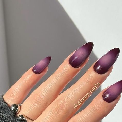 Dark Plum Ombre Nails, Dark Sultry Nails, Dark Purple Chrome Nails Almond, Aura Nails Neutral, Purple Aurora Nails, Vampire Aura Nails, Dark Purple Aura Nails, Eggplant Nails Designs, Eggplant Purple Nails