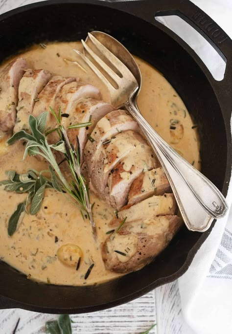 Pork Tenderloin with Creamy Herb and Garlic Sauce Pork Tenderloin With Cream Sauce, French Pork Tenderloin Recipes, Pork Tenderloin Gravy Recipe, Garlic Herb Pork Tenderloin, Pork Loin Sauce, Sauce For Pork Tenderloin, Pork Fillet Recipes, Easy Pork Tenderloin Recipes, Cooking Pork Tenderloin