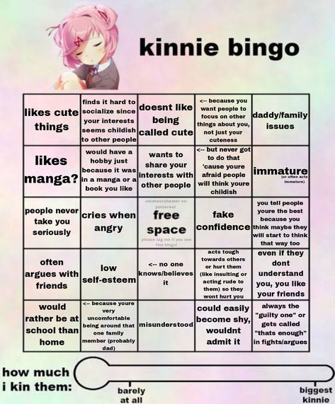 Natsuki Kinnie Bingo, Ddlc Kinnie Bingo, Natsuki Kinnie, Kin Bingo, Kinnie Bingo, Bingo Sheets, Bingo Template, Oc Stuff, Bingo Board