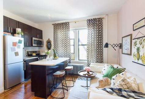 Beautiful Brooklyn Studio Apartment | POPSUGAR Home Decorating Small Spaces Bedroom, Kitchen Sofa, Tiny Living Space, Small Space Living Room, Island With Seating, Space Decor, Tiny Living, Small Space Living, Bedroom Storage