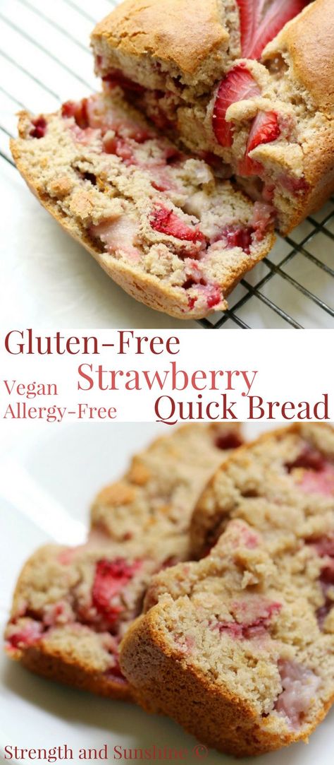 Gluten-Free Strawberry Quick Bread (Vegan, Allergy-Free) | Strength and Sunshine @RebeccaGF666 Put those ripe strawberries to good use in this healthy, sweet, and delicious quick bread recipe! This Gluten-Free Strawberry Quick Bread is vegan, allergy-free, and perfect for breakfast, brunch, dessert, or as a seasonal snack! It's spring and summer baking at its finest! #strawberry #quickbread #glutenfree #vegan #baking #breakfast #dessert #strengthandsunshine Vegan Strawberry Bread, Strawberry Bread Recipes, Brunch Dessert, Baking Breakfast, Quick Bread Recipe, Pain Sans Gluten, Strawberry Bread, Brunch Desserts, Summer Baking