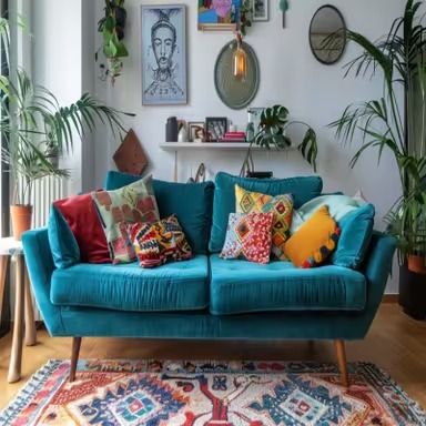 Bohemian Living Room Design With Teal Blue Sofa Teal Blue Sofa Living Room Ideas, Teal Sofa Living Room Decor, Teal Blue Sofa, Teal Couch Living Room, Teal Sofa Living Room, Teal Couch, Blue Sofas Living Room, Living Room Interior Design Ideas, Room Interior Design Ideas