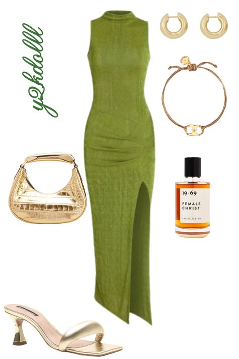 gold and green outfit Green And Gold Dress Outfit, Green And Gold Outfit Ideas, Green Dress Black Woman, Green Dress Gold Accessories, Green And Gold Outfit, Olive Green Dress Outfit, 21 Birthday Outfit, Emerald Green Outfit, Olive Green Outfit