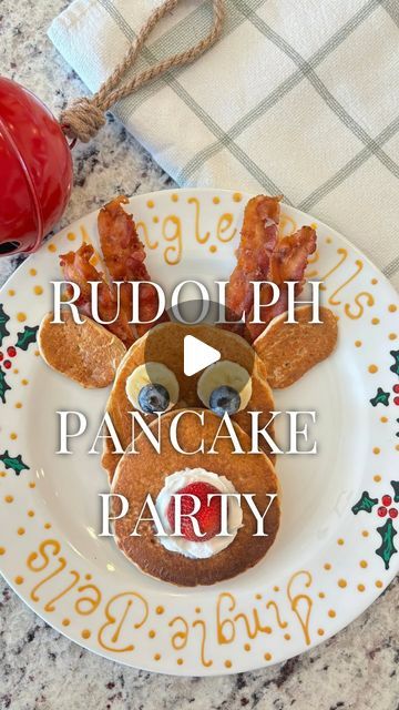 Dodie Vanhooser on Instagram: "Rudolph Pancake Party! 🎉 We’re flipping pancakes over here and bringing holiday cheer to the breakfast table! Who else loves a sweet Rudolph treat? 🍓🎄" Christmas Reindeer Pancake, Reindeer Pancakes Bacon, Reindeer Pancake Breakfast, Breakfast With Santa Food Ideas, Rudolph Pancakes For Kids, Rudolph The Red Nosed Reindeer Party Ideas, Rudolf Pancakes, Reindeer Pancakes Kid, Pancake Reindeer