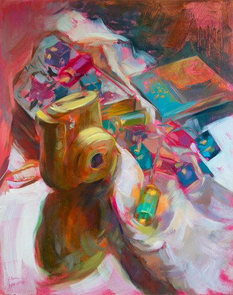 Still life painting with Christmas lights, books, and a yellow camera Daily Life Artwork, Camera Oil Painting, Creative Still Life Painting, Kazuhiro Hori, Art About Childhood, Mundane Art, Elena Morozova, Nostalgia Artwork, Nostalgia Painting