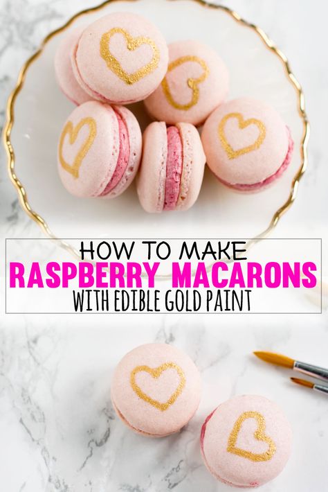 How to Make Raspberry French Macarons Recipe with Raspberry Buttercream Filling and Edible Gold Paint #Recipe #Macarons Recipe Macarons, Lemon Macaron Recipe, Edible Gold Paint, Lavender Dessert, Raspberry Macarons, Recipe With Lemon, Lemon Macarons, Pink Macarons, Lemon Buttercream Frosting