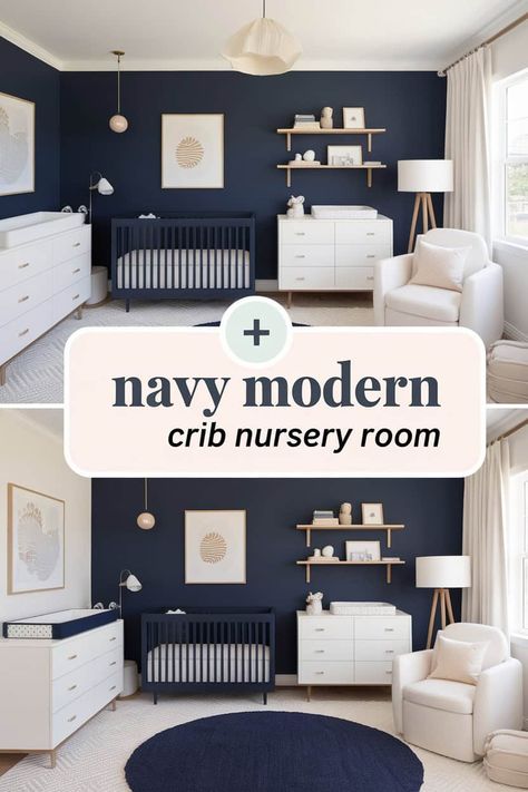 Create a dreamy nursery with navy modern crib ideas that inspire comfort and style. Explore chic decor choices like plush rugs soothing wall art adorable stuffed animals and cozy lighting. Your baby's room can be a perfect blend of fun and relaxation making it a beautiful space for sweet dreams. Navy Nursery Boy, Crib Ideas, Dreamy Nursery, Plush Rugs, Modern Crib, Cozy Lighting, Plush Rug, Cute Stuffed Animals, Baby's Room