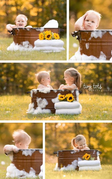 Outdoor Bubble Bath Photoshoot, Sibling Milk Bath Pictures, Wilderness Photoshoot Ideas, Toddler Milk Bath Photography, Toddler And Baby Photo Ideas, Baby Milk Bath Pictures, 6 Month Boy Photo Shoot, Outdoor Toddler Photography, Bubble Bath Photoshoot