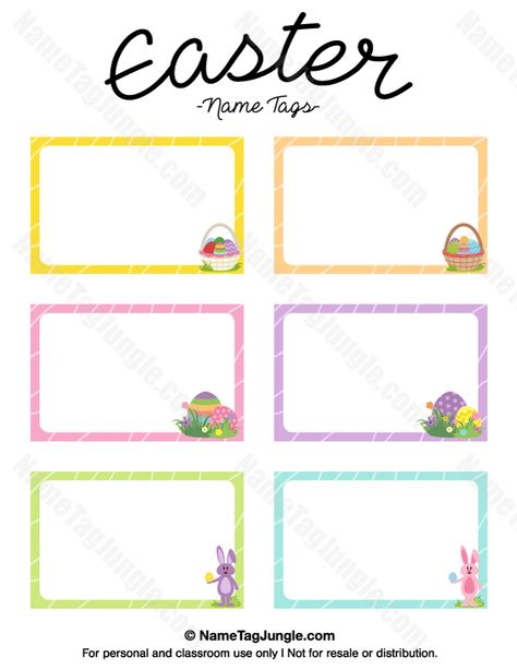 Free printable Easter name tags. The template can also be used for creating items like labels and place cards. Download the PDF at http://nametagjungle.com/name-tag/easter/ Holiday Name Tags, Easter Tags Free Printable, Cubby Name Tags, Easter Name Tags, Cubby Labels, Cubby Tags, Name Tag Templates, Easter Place Settings, Create Labels