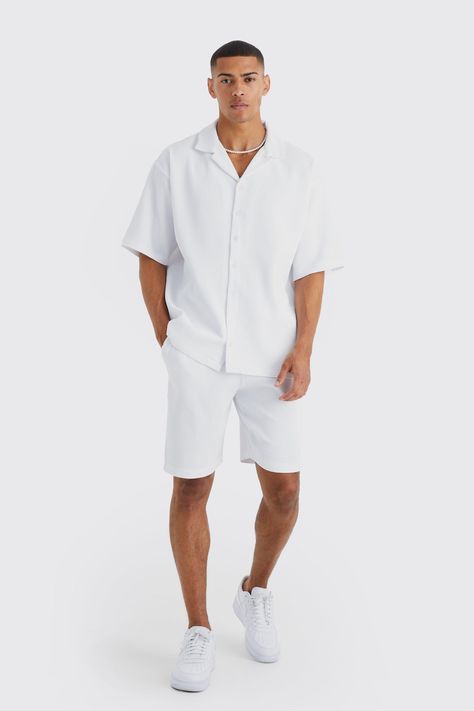 Men Outfits For Birthday, All White Guys Outfit, Beach Wedding Fits For Men, Patterned Mens Shirt, Guy Vacation Outfits Summer, Shirt And Shorts Outfit For Men, All White Man Outfit, Mens Beach Party Outfit, Fashion Inspo For Men