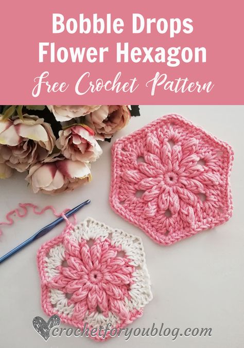 Crochet Bobble Drops Flower Hexagon Free Pattern - Crochet For You #crochethexagon #crochetbobblestitch #howtocrochet #freepattern #crochetforyoublog Flower Granny Hexagon, Hexagon Granny Square Pattern, Hexagon Potholder, Granny Hexagon Crochet, Crochet Hexagon Flower, Flower Hexagon Crochet, Granny Hexagon, Hexagon Crochet Pattern, Hexagon Crochet