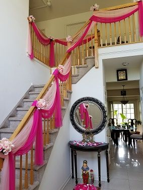 Beautiful staircase decoration | Raji Creations Wedding Staircase Decoration, Staircase Decoration, Wedding Staircase, Mehendi Decor Ideas, Wedding Hall Decorations, Wedding Decor Photos, Wedding Background Decoration, Wedding Entrance Decor, Mandap Decor