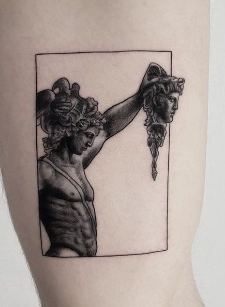 Greek Roman Tattoo Design, Small Roman Tattoo Ideas, Medusa Perseus Tattoo, Art Inspired Tattoos Famous, Greek Woman Statue Tattoo, Roman Greek Tattoos, History Tattoos For Men, Mens Medusa Tattoo, Roman Tattoo Men