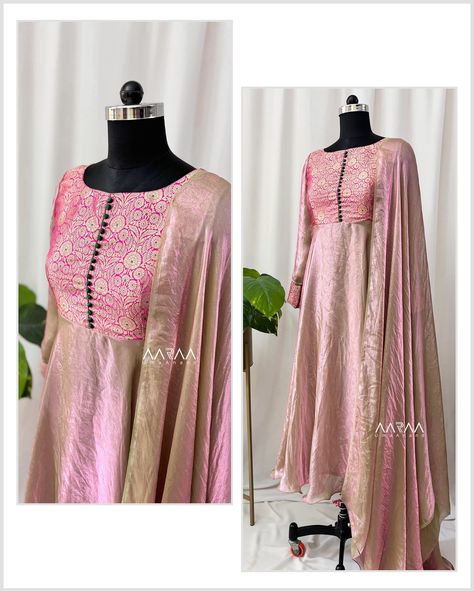 Customised two tone shimmer georgette anarkali with pure brocade yoke . Back neck adorned with our signature handmade tassels. #designeranarkali #shimmerdress #anarkalisuits #brocade #sangeetoutfit #receptionoutfit #partywearanarkali #partyweardress #ethnicanarkali #ethnicoutfit #aarraabyumaanand #coimbatoreboutique #chennaishopping #hyderabadshopping [designer anarkali, partywear dress, sangeet outfit, designer wear, designer boutique, anarkali suit, boutique] Space Silk Long Frock, Suit Design From Saree, Brocade Salwar Suit, Outfit Designer, Sangeet Outfit, Anarkali Dresses, Georgette Anarkali, Long Anarkali, Long Gown Design