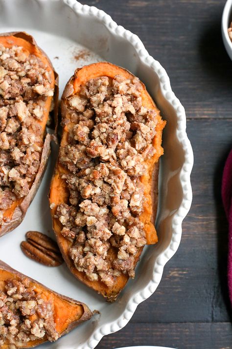 Pecan Pie Twice Baked Sweet Potatoes - Real Food with Jessica Sweet Potatoes With Brown Sugar, Paleo Sweet Potato Casserole, Whole30 Sweet Potato, Sweet Potato Tots, Sweet Potato Pecan, Cinnamon Filling, Twice Baked Sweet Potatoes, Baked Sweet Potatoes, Sugared Pecans