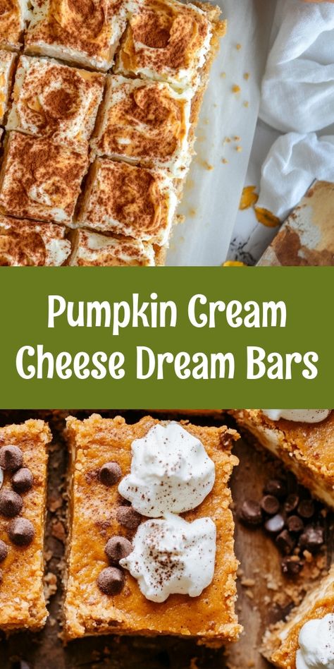 🍂✨ Indulge in the flavors of fall with Pumpkin Cream Cheese Dream Bars! These delectable dessert bars feature a crispy ginger snap crust, a luscious cream cheese layer, and a spiced pumpkin topping that perfectly captures the essence of autumn. Perfect for gatherings or a cozy night in, they're sure to impress your guests! With easy-to-follow steps, you can whip up these dreamy bars to enjoy with a dollop of whipped cream and a sprinkle of crushed ginger snaps. 🍰💛 #PumpkinDesserts #FallRecipes #BakingDreams #CozyAutumn Pumpkin Cream Cheese Squares, Pumpkin Bars With Ginger Snap Crust, Pumpkin Cream Cheese Swirl Bars, Creamy Layered Pumpkin Dessert With A Ginger Snap Crust, Cheesecake Bars Pumpkin, Pumpkin Cream Cheese Bars Pioneer Woman, Pumpkin Cream Cheese Swirl Brownies, Ginger Snap Crust, Pumpkin Cream Cheese Bars