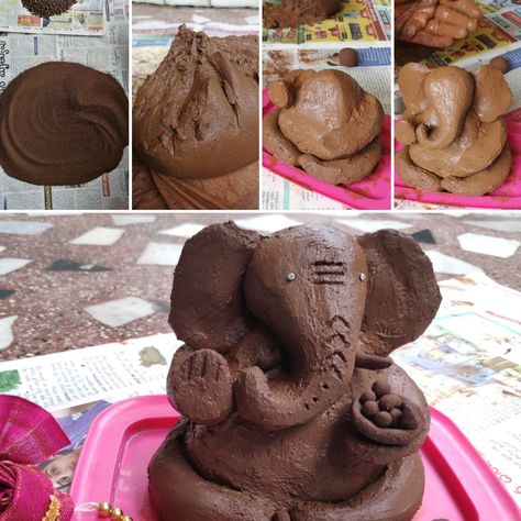 eco friendly Ganesha can be made from your garden soil by these 4 simple steps: 1) get some soil from your garden and separate the fine soil from gravel and stones 2) mix the soil with water, tie it in a cotton cloth and hang it overnight to get rid of excess moisture 3) make various portions of clay for body, head, limbs and ears 4) add fine detailing, the idol is ready!!!! Eco Friendly Ganesha, Clay Ganesha, Ganesha Idol, The Idol, Diy Crafts Paper Flowers, Crafts Paper, Garden Soil, The Soil, Ganesha