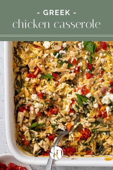 Filled with orzo, shredded chicken, and feta cheese, this one-pan Greek chicken casserole is an easy, healthy, and high-protein dinner idea. Recipes With Feta Cheese Easy Dinners, Shredded Chicken Recipes Healthy, Greek Chicken Casserole, Healthy Shredded Chicken Recipes, Chicken And Feta, Kay Nutrition, Greek Dinners, High Protein Dinner, Healthy Vegetarian Dinner