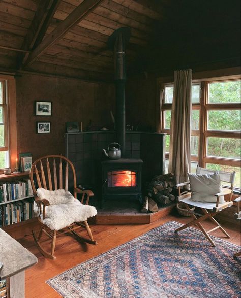 Wood Stove Corner, Corner Hearth, Camp Cabin, Little Cabin In The Woods, Cottage By The Sea, Wooden Cabins, Cabin Living, Little Cabin, Dream Cottage