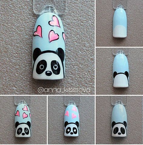 SMILE YOUR BEAUTIFUL..... Анна. Маникюр. Роспись on Instagram: “МК влюбленного медвежонка Panda Nail Art, 2023 Spring Nails, Spring Nails Art, Cartoon Nail Designs, Kutek Disney, Unghie Nail Art, Animal Nail Art, Nail Drawing, Trendy Nail Art Designs