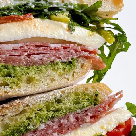 Marissa Mullen • That Cheese Plate on Instagram: "SANDWICH SERIES: Salami + Mozz on Ciabatta 🤍 Perfect for lunch or a game day snack. Details below! 〰️ Ciabatta Bread 〰️ Basil Pesto 〰️ Mayo 〰️ Applewood Smoked Salami 〰️ Rosette De Lyon Salami 〰️ Fresh Mozzarella 〰️ Sweet Mini Peppers 〰️ Pepperoncini 〰️ Arugula with Lemon and Olive Oil 〰️ Balsamic Glaze The lush and creamy mozzarella is the perfect contrast to the salty salami, while the sweetness of the peppers and balsamic glaze stands up to the tangy notes of the pepperoncini. Might be one of my favorite sandwiches of all time 🙌 #ThatCheesePlate" Salami Sandwich Recipes Cold, Italian Salami Sandwich, Hot Salami Sandwich Recipe, Salami Mozzarella Sandwich, Coffee Curtains, Salami Provolone Sandwich, Pesto Mayo, Salami Sandwich, Mini Peppers