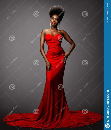 Fashion Afro American Woman in Red Dress. African Model with Afro Hairstyle in Long Evening Gown Over Gray Background. Stock Photo - Image of artistic, elegance: 245736060 Woman Red Dress, Dress White Background, Woman In Red Dress, Birthday Portraits, Woman In Red, Red Gown, Dress African, Red Dress Women, Long Evening Gowns